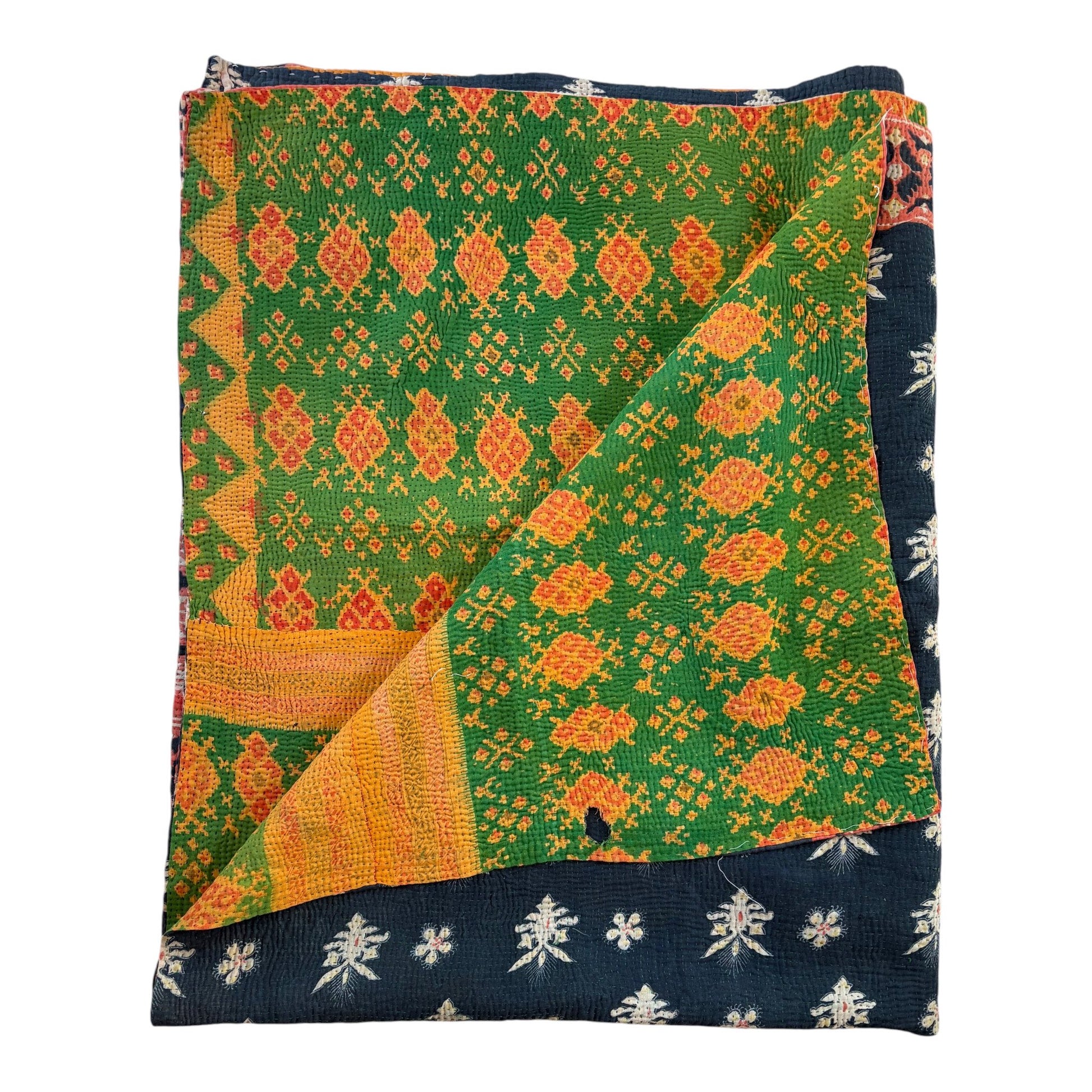 Reverse of blue and pink floral kantha