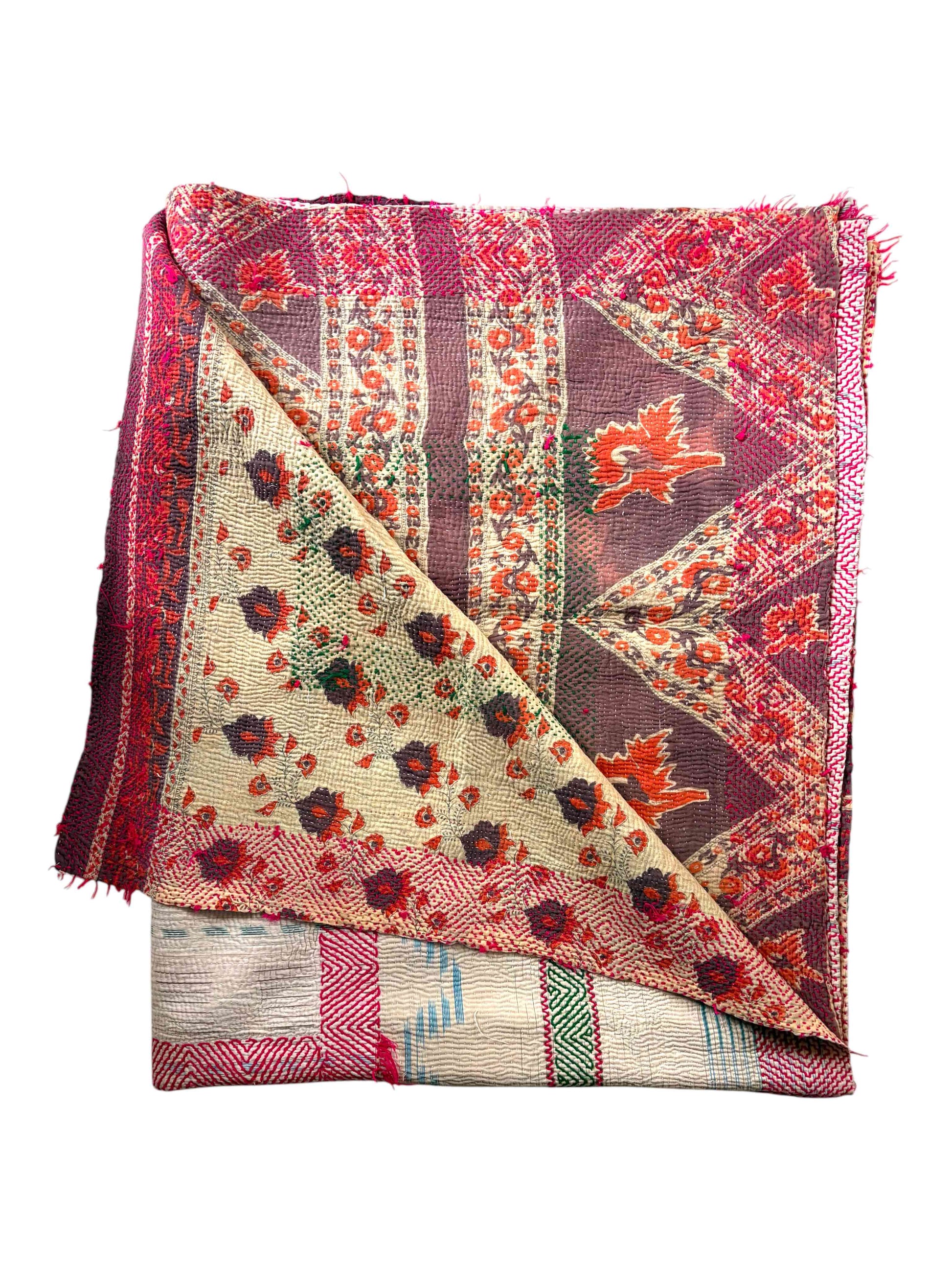 Nakshi Kantha quilt with red and orange reverse