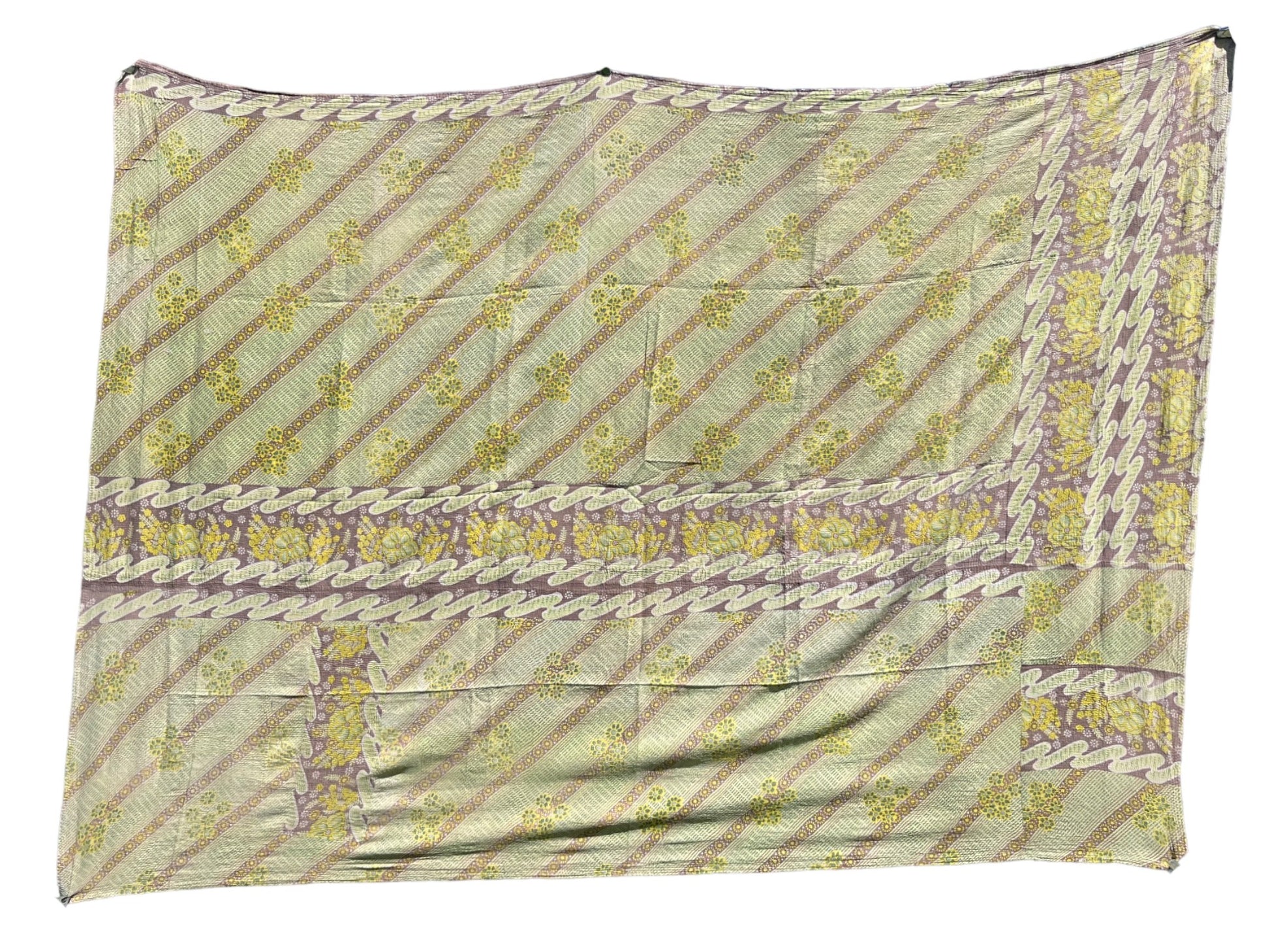 Reverse sage lime and pink kantha quilt