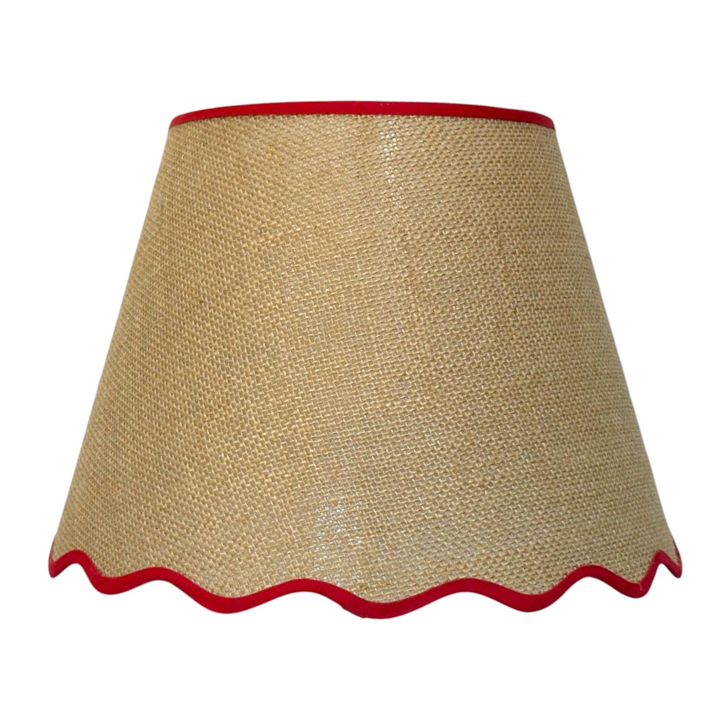 A natural hessian lampshade with a scalloped red fabric trim at the top and bottom, shown against a plain white background.