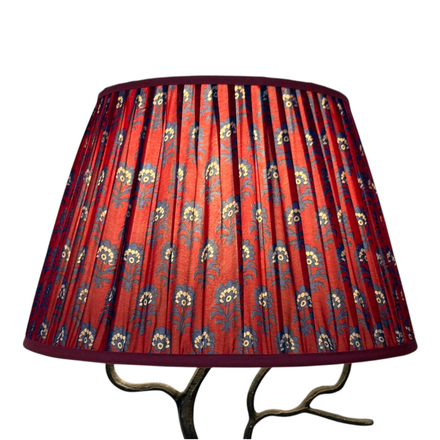 Scarlet paisley lampshade lit