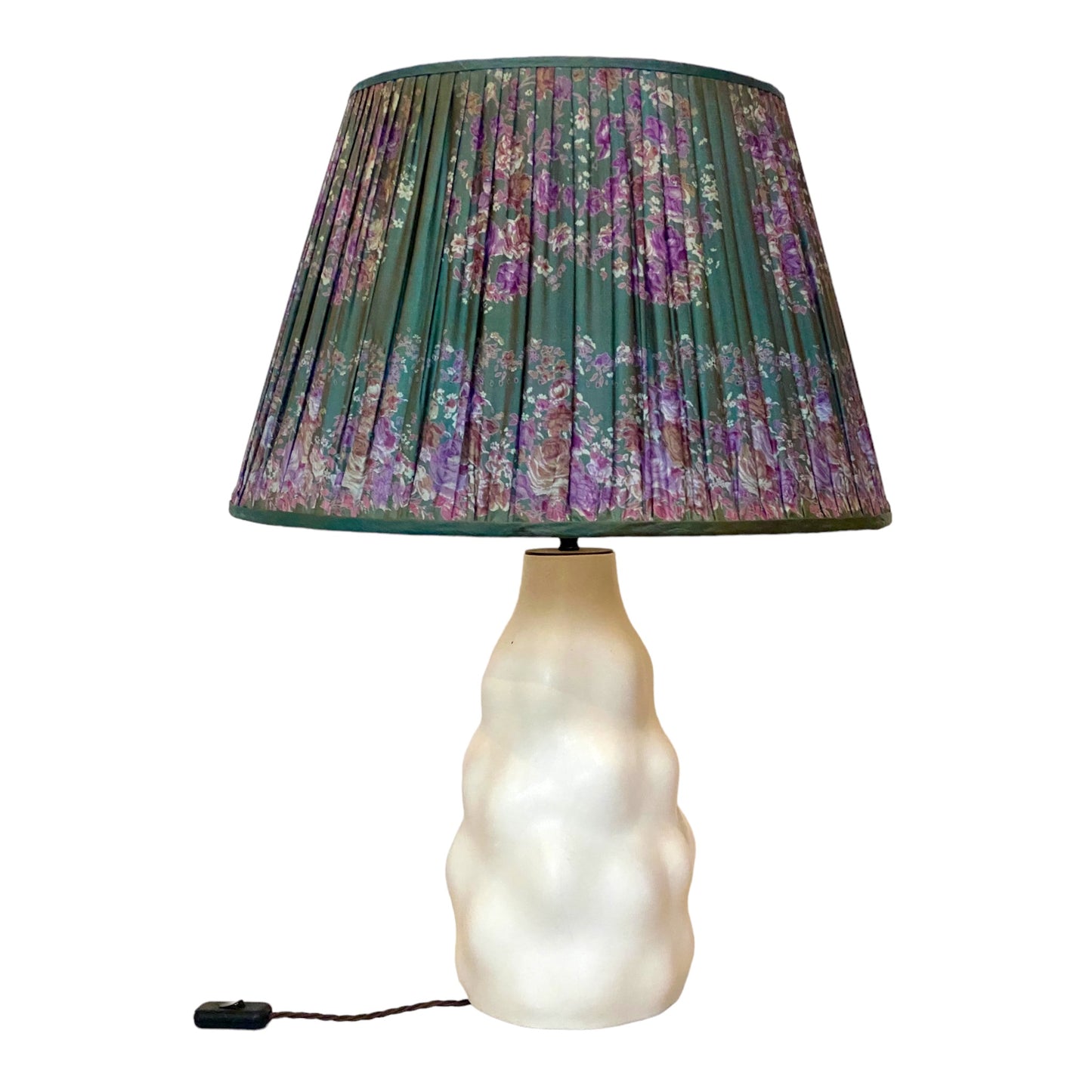 Shot peacock silk sari lampshade on Iki lamp