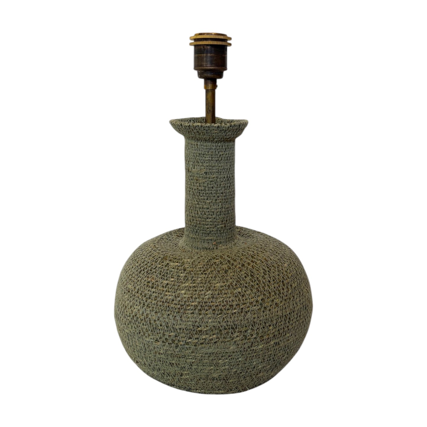 A decorative table lamp with a round, bulb-shaped base and a tall, narrow neck, both covered in a textured woven material in a muted olive green color. The lamp features a brass-toned metal socket at the top, set against a plain white background.