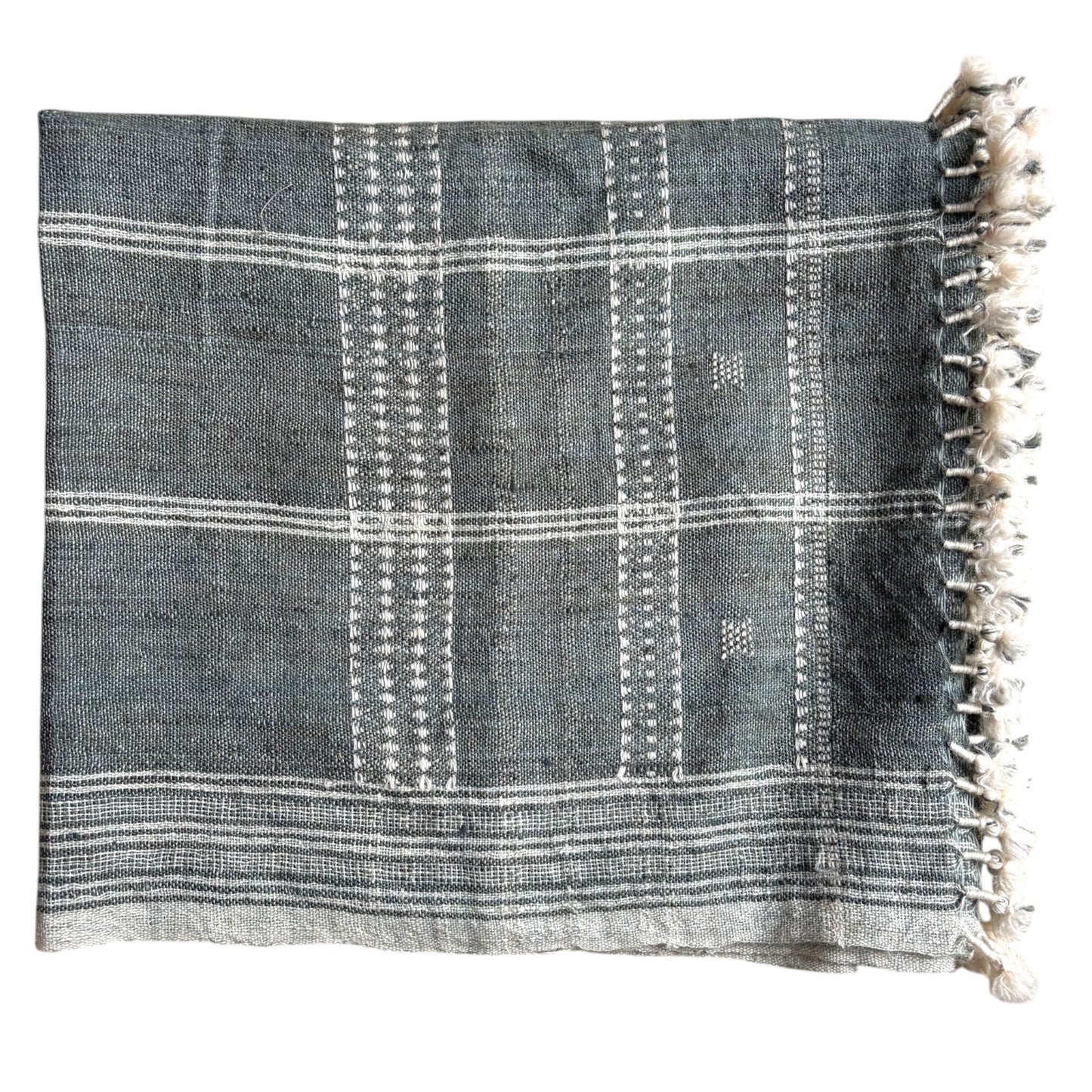 Slate grey woollen throw showing the fine stitching