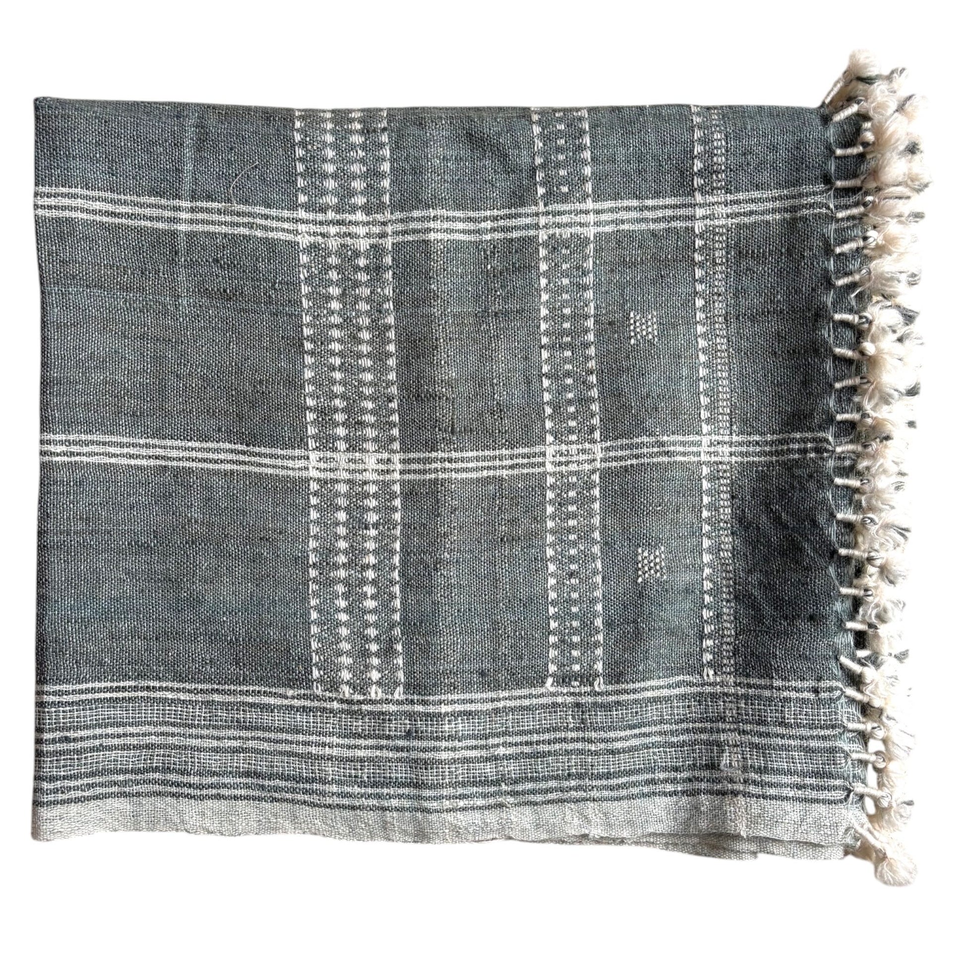Slate grey woollen throw showing the fine stitching