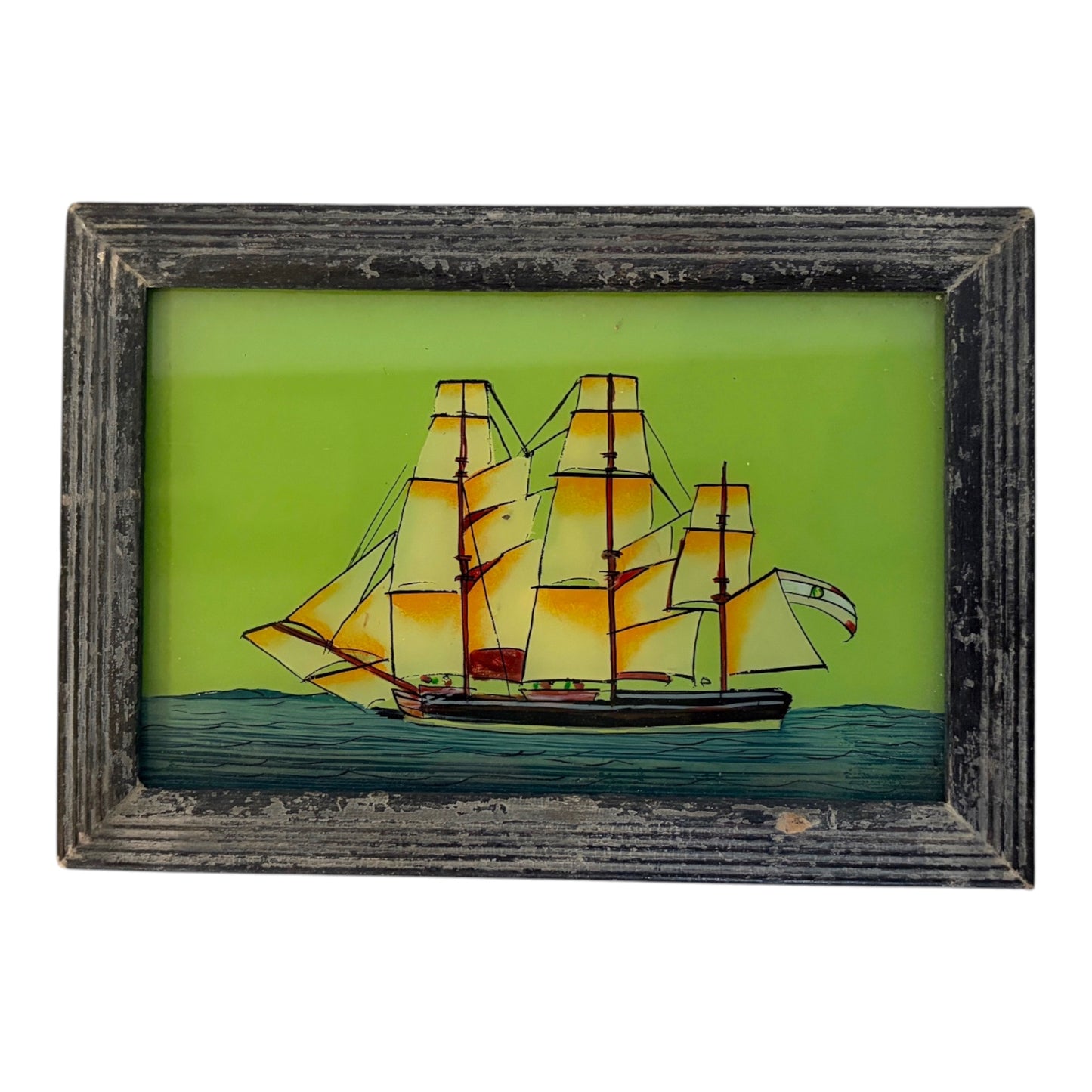 glass painting of a sailing boat in a wooden frame on a white background 