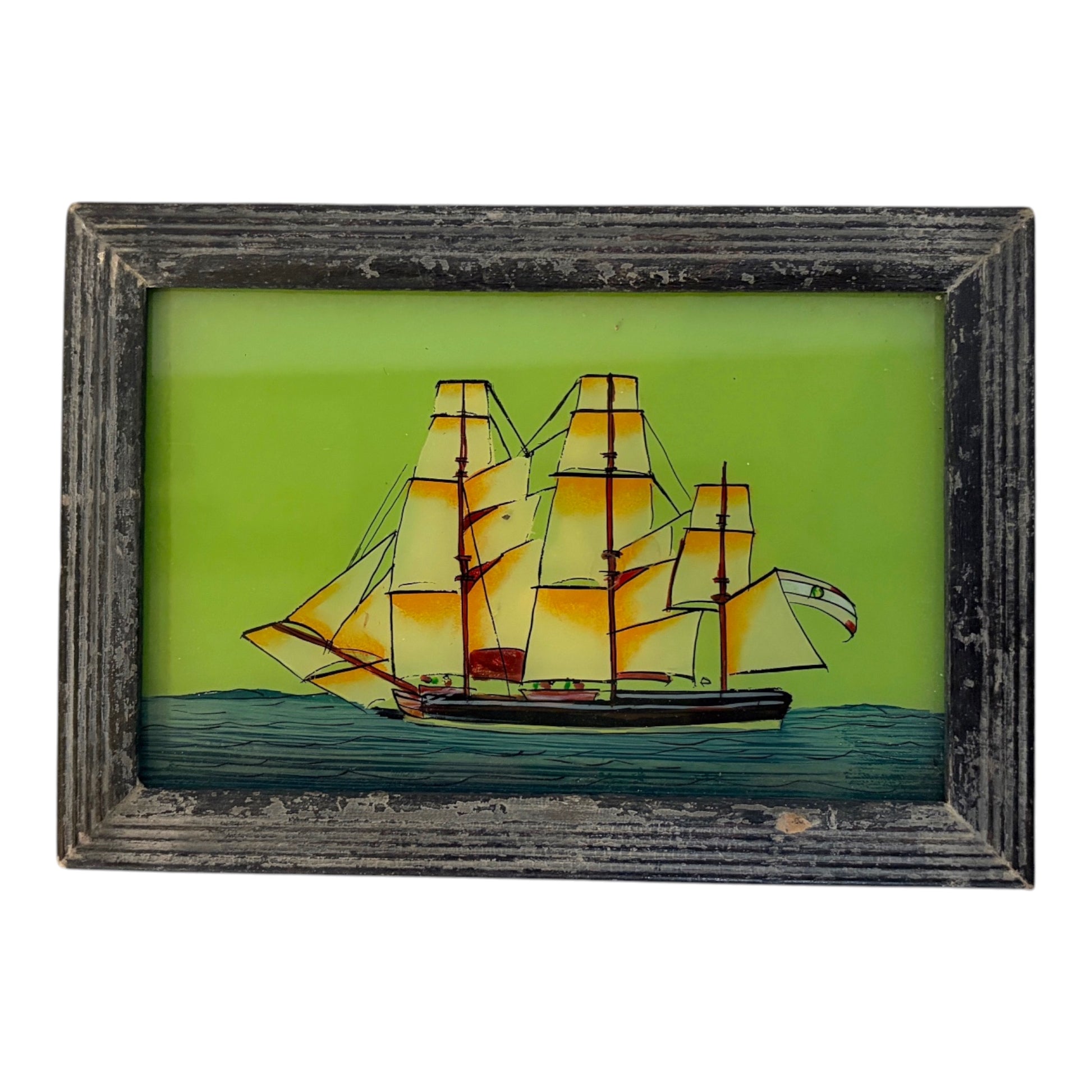 glass painting of a sailing boat in a wooden frame on a white background 