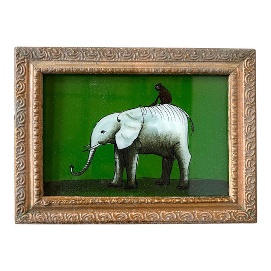Small elephant with monkey glass painting