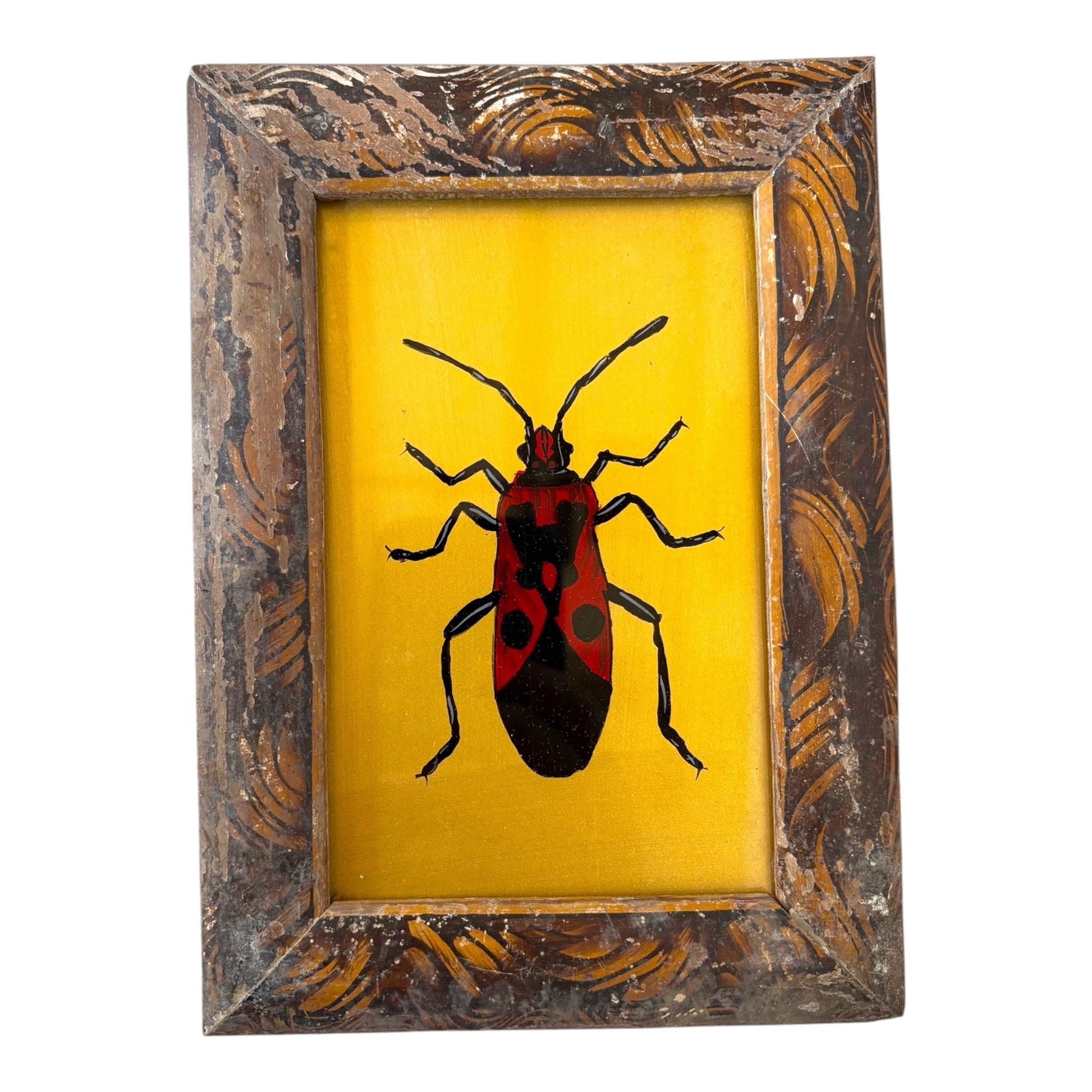 Small gold red beetle glass painting
