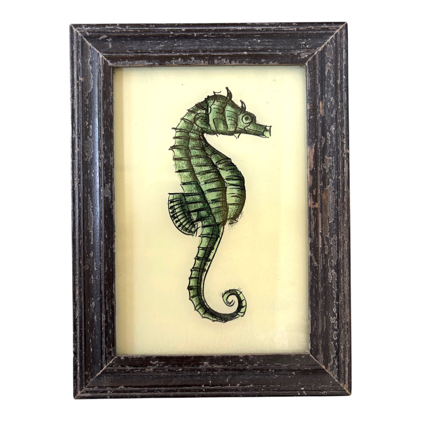 small seahorse green glass painting
