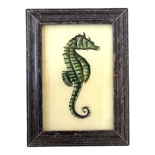 small seahorse green glass painting
