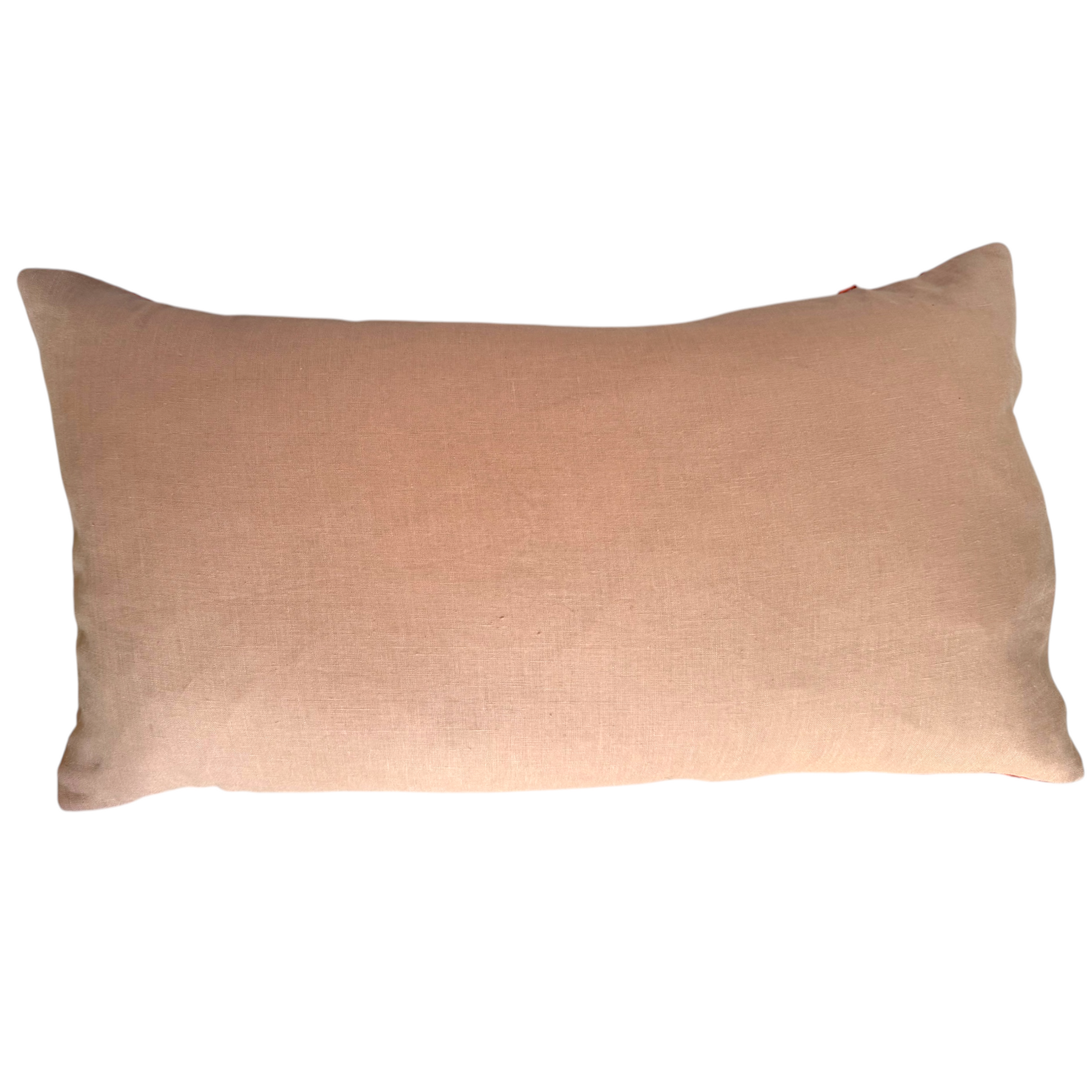 Back view of a rectangular Swat Valley Wedding Cushion in a dusty rose pink colour with a visible linen texture, shown against a plain white background.