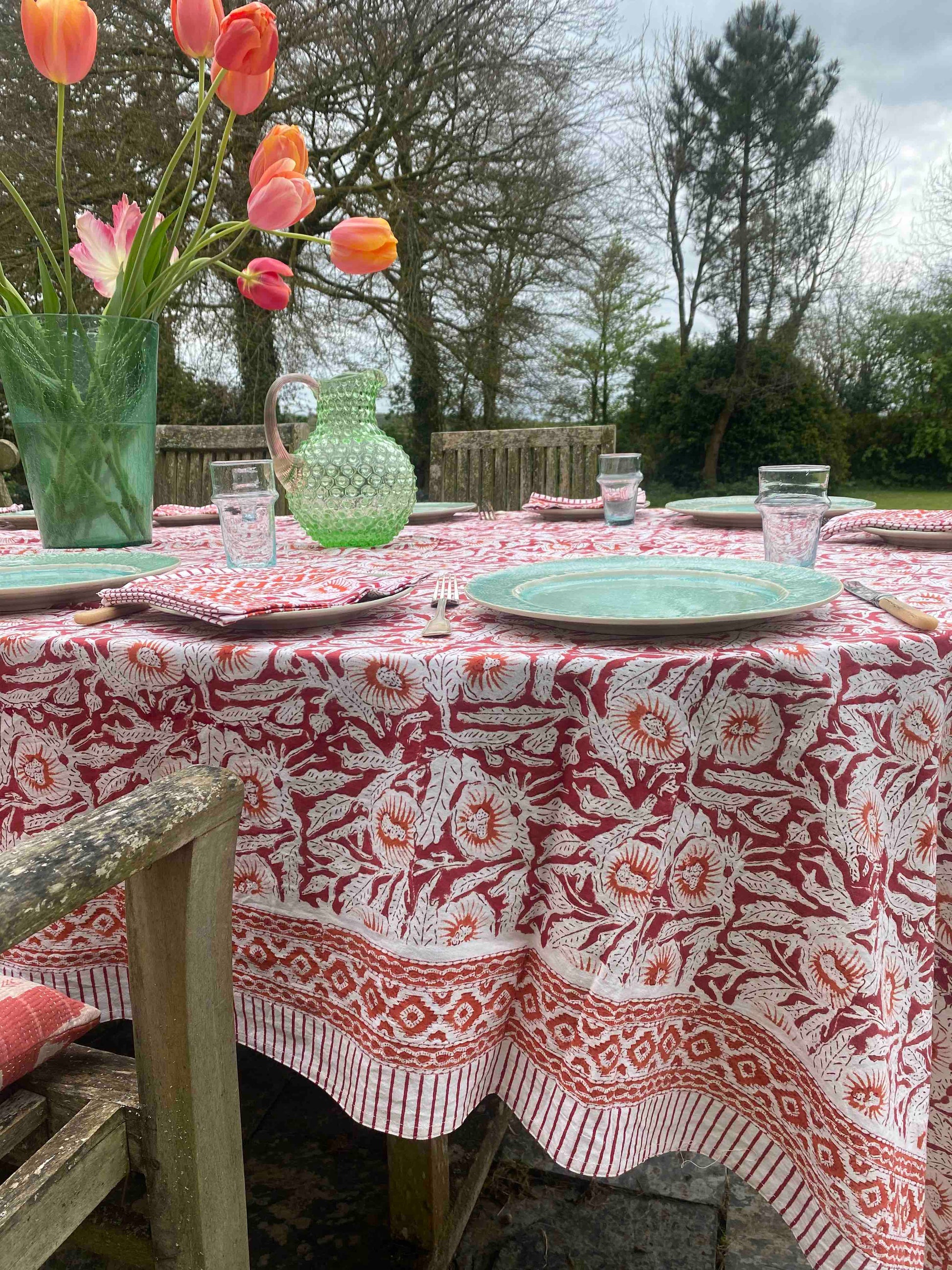 Red and orange tablecloth