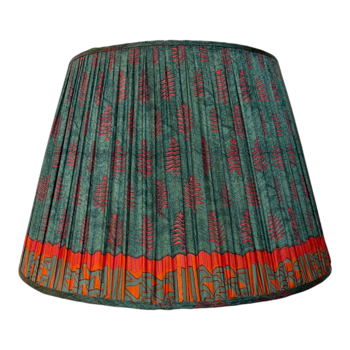 A gathered vintage silk sari lampshade featuring a dark teal green background with a repeating pink fern pattern and a wide red and orange patterned border along the bottom.