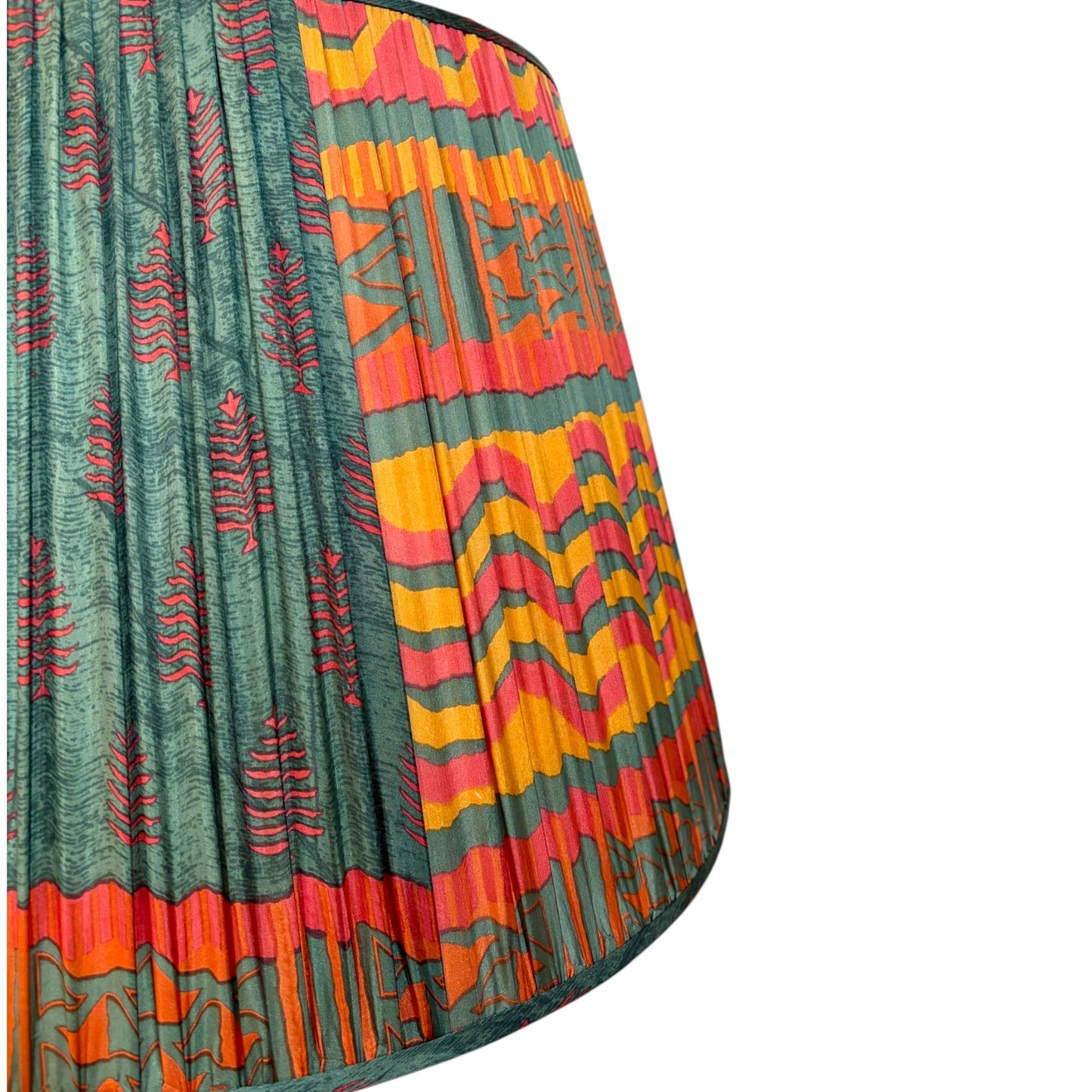 close up of teal terracotta paisley silk lampshade showing ochre geometric pallu. 