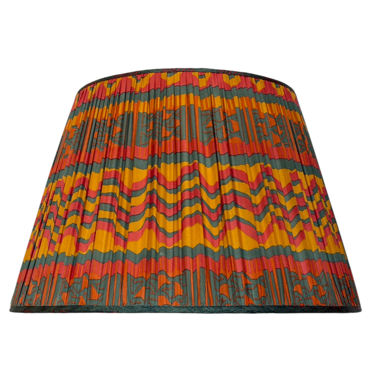 silk lampshade showing ochre geometric pallu. 