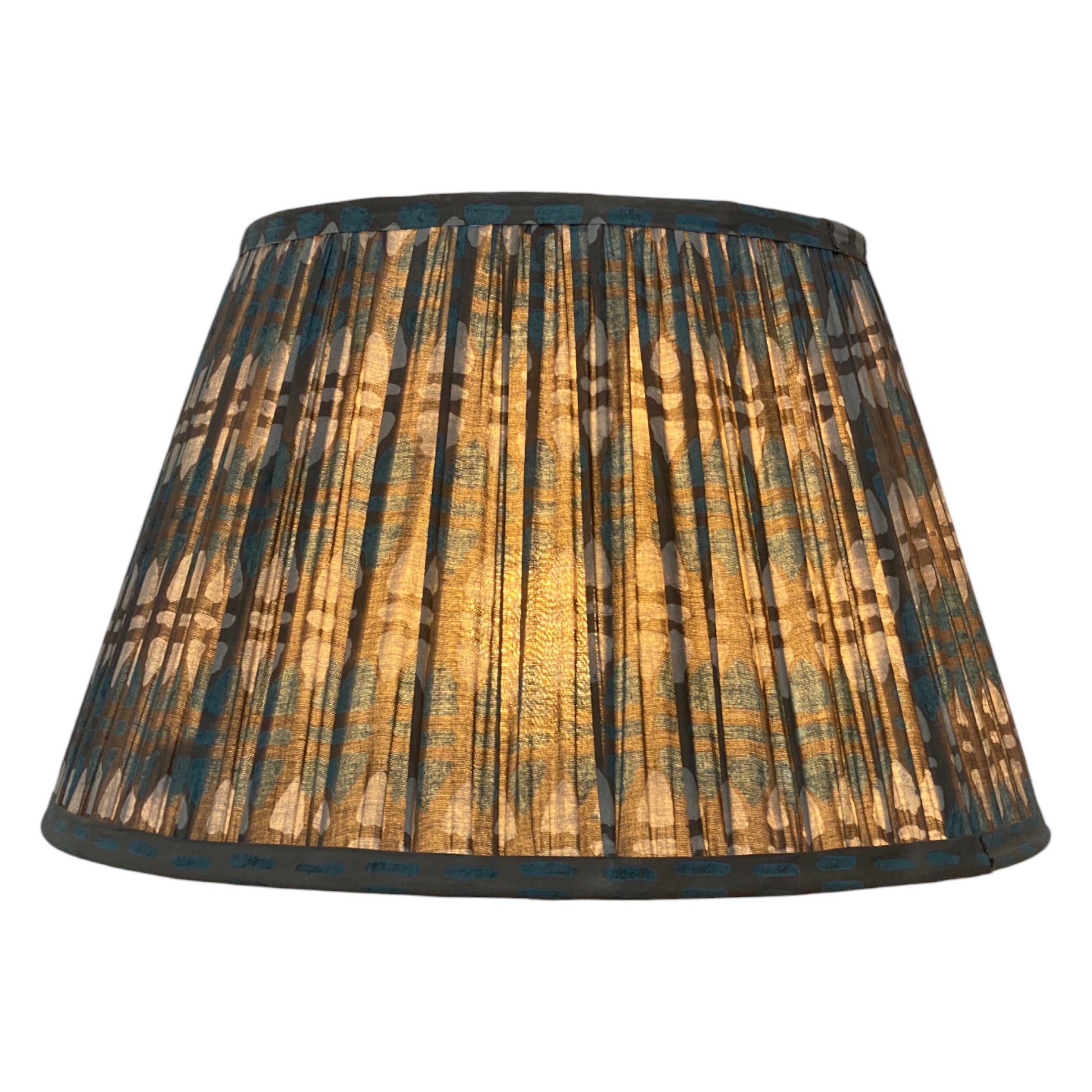 Teal and grey cotton lampshade lit