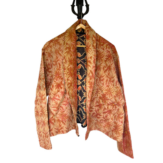Terracotta short kantha coat with navy reverse