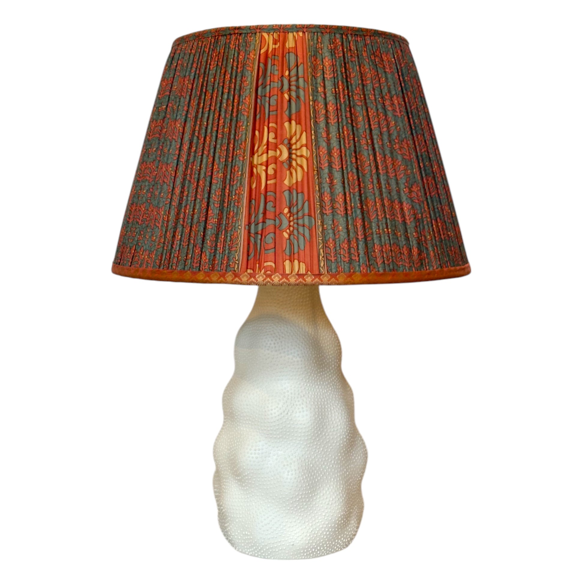 Terracotta pink and teal lampshade on iki lamp