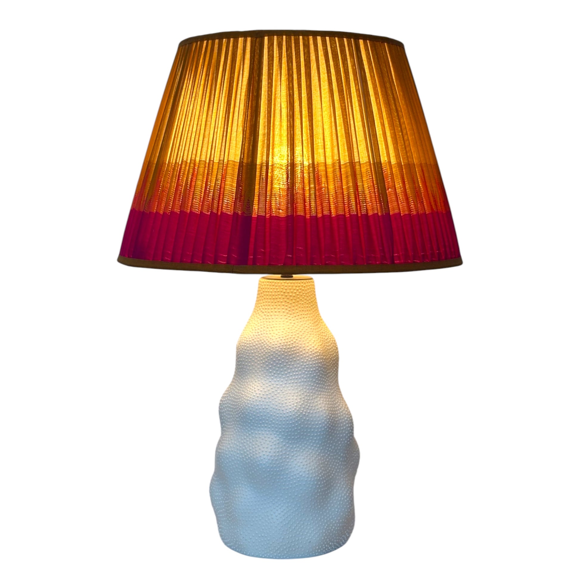 Tumeric and pink keralan cotton lampshade lit