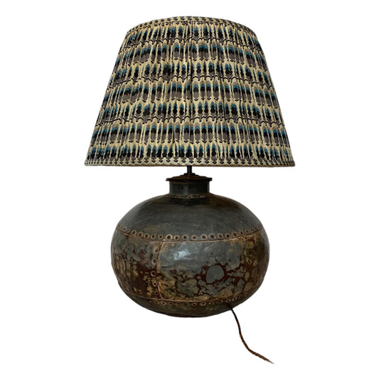 Water Carrier lamp with black and blue silk lampshade\