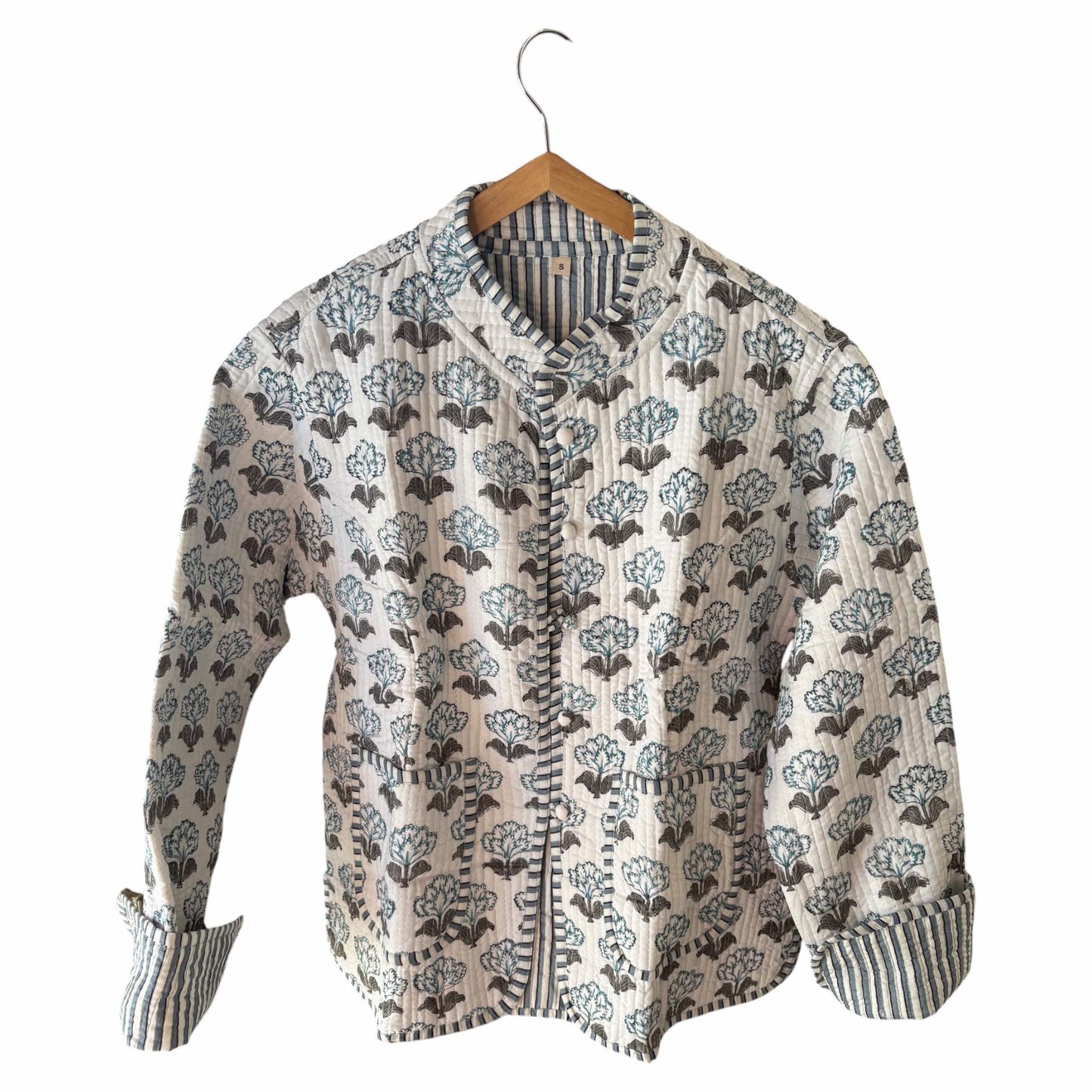 White block print quilted coat