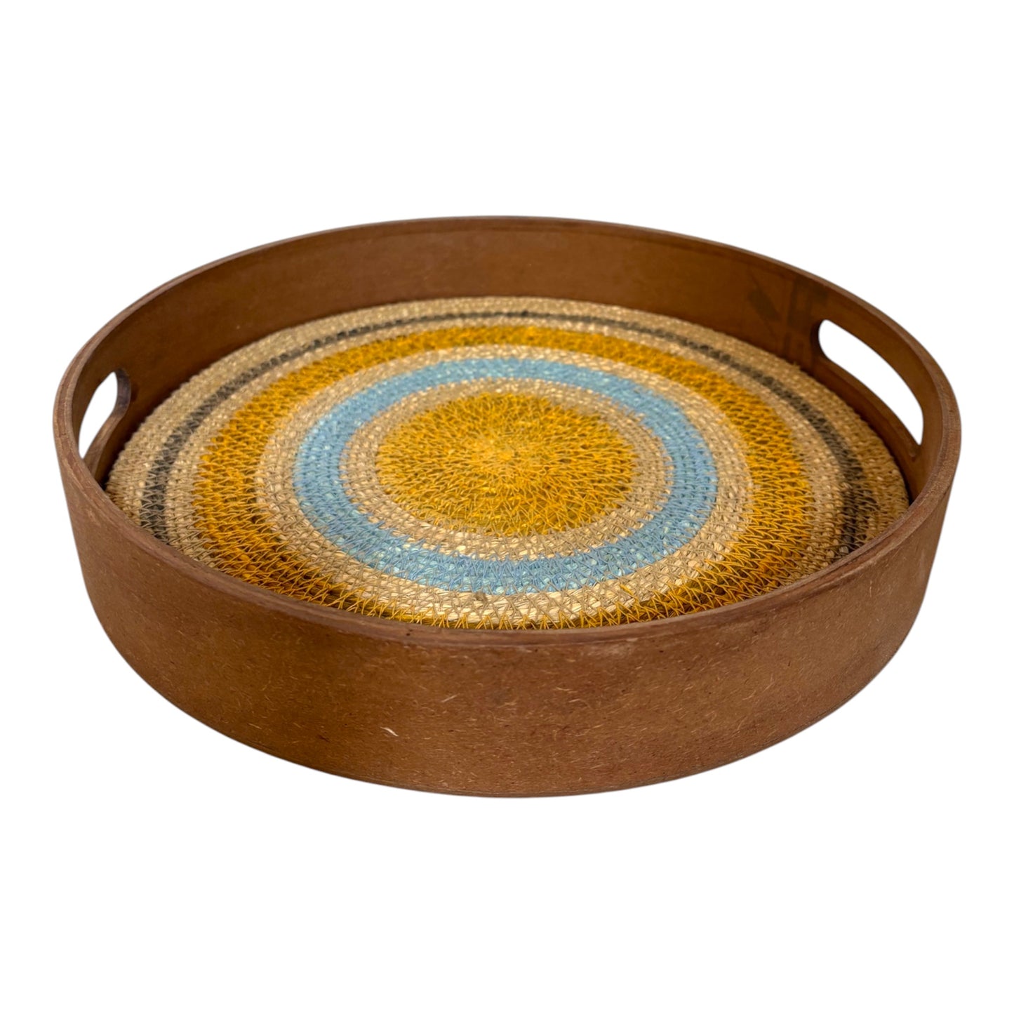 yellow and blue jute with wood tray