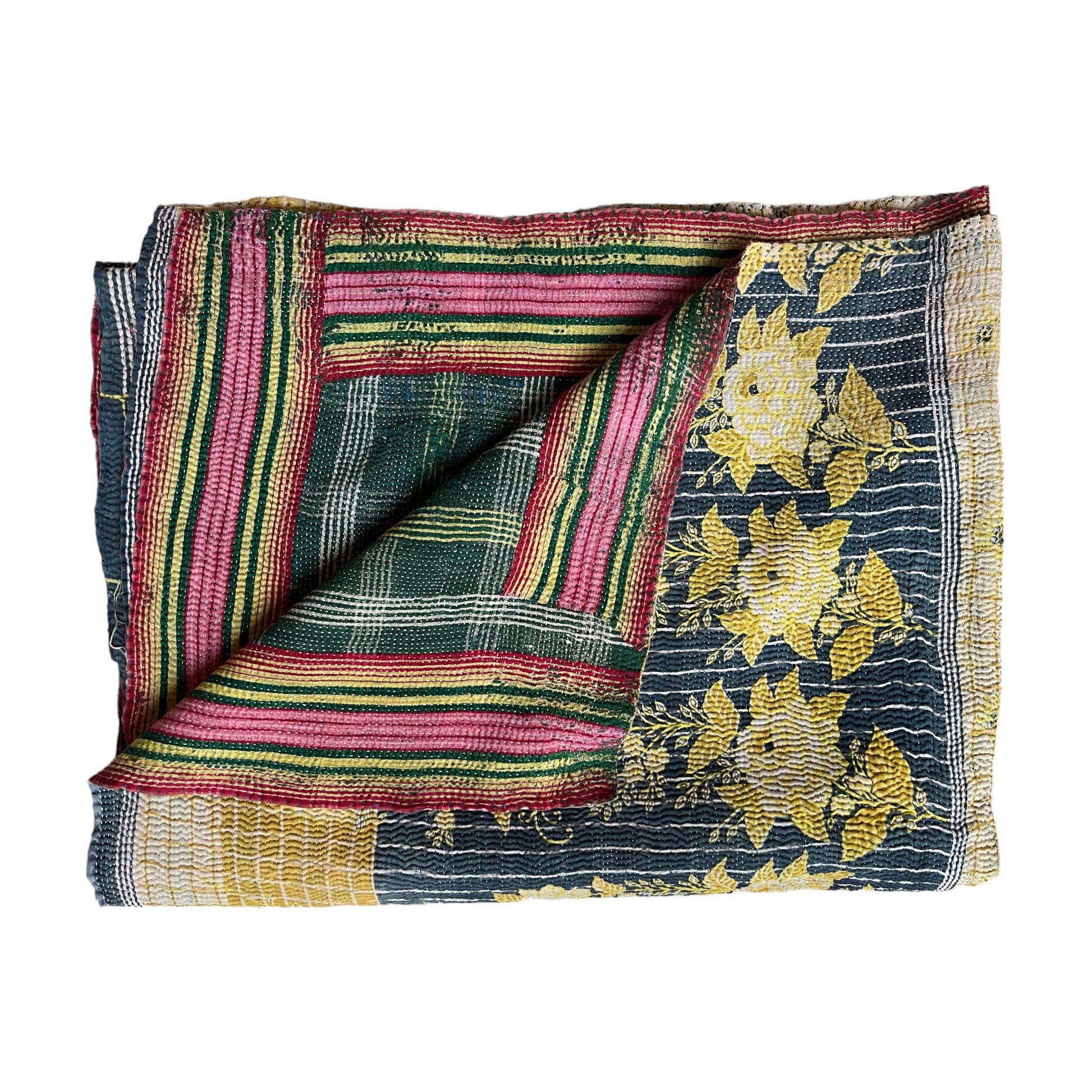 Yellow and denim blue kantha