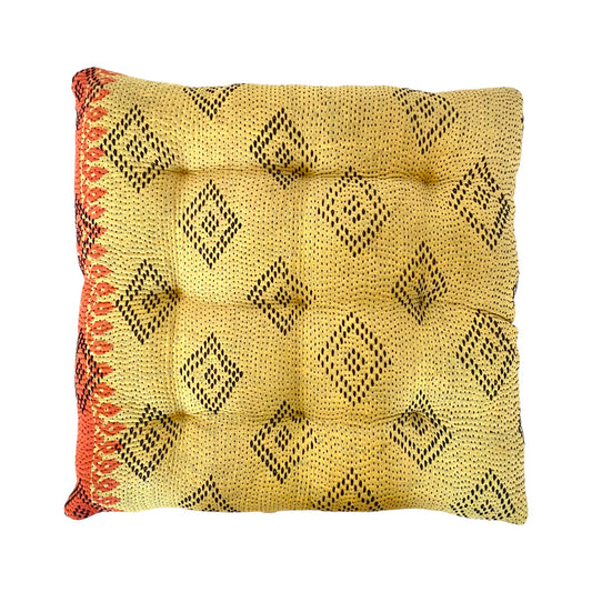 Yellow diamond kantha seat cushion