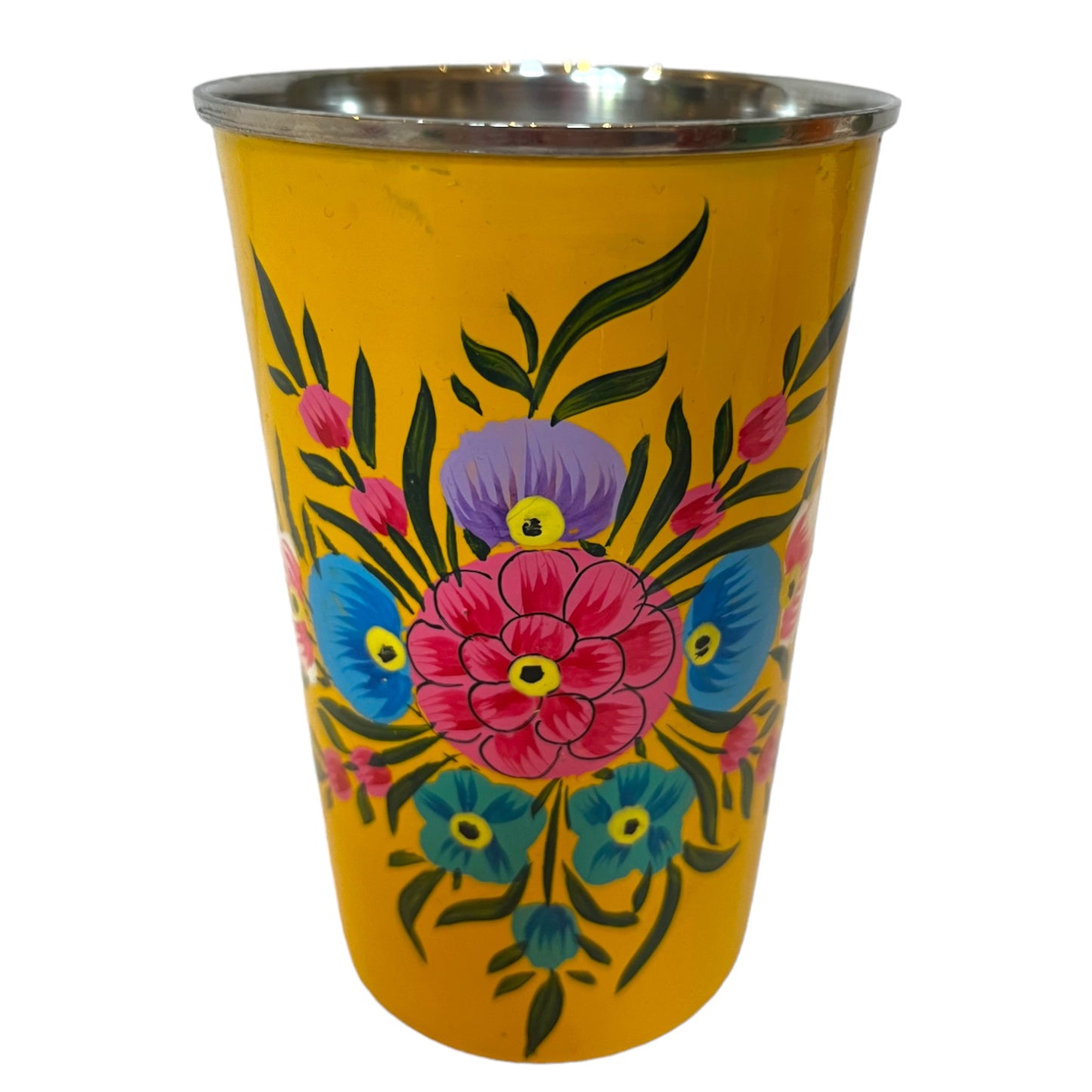 Yellow floral enamel cup