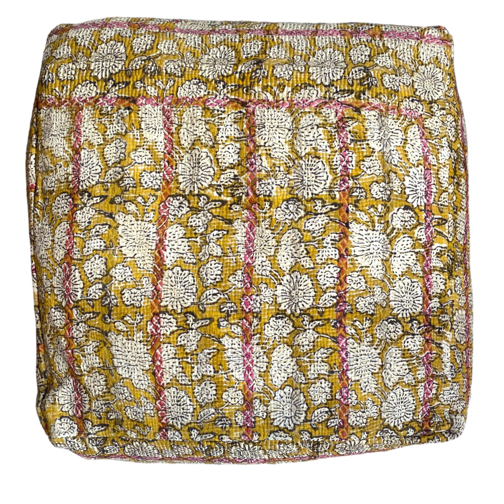 Yellow and pink kantha floor cushion