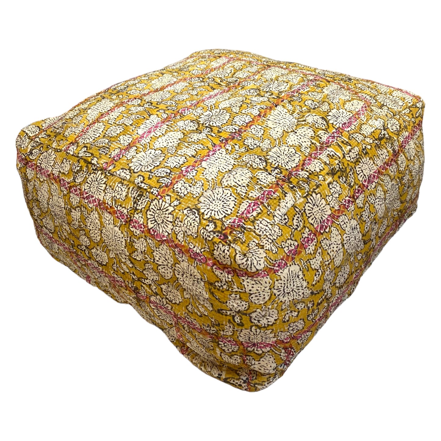 Yellow with pink kantha floor cushion