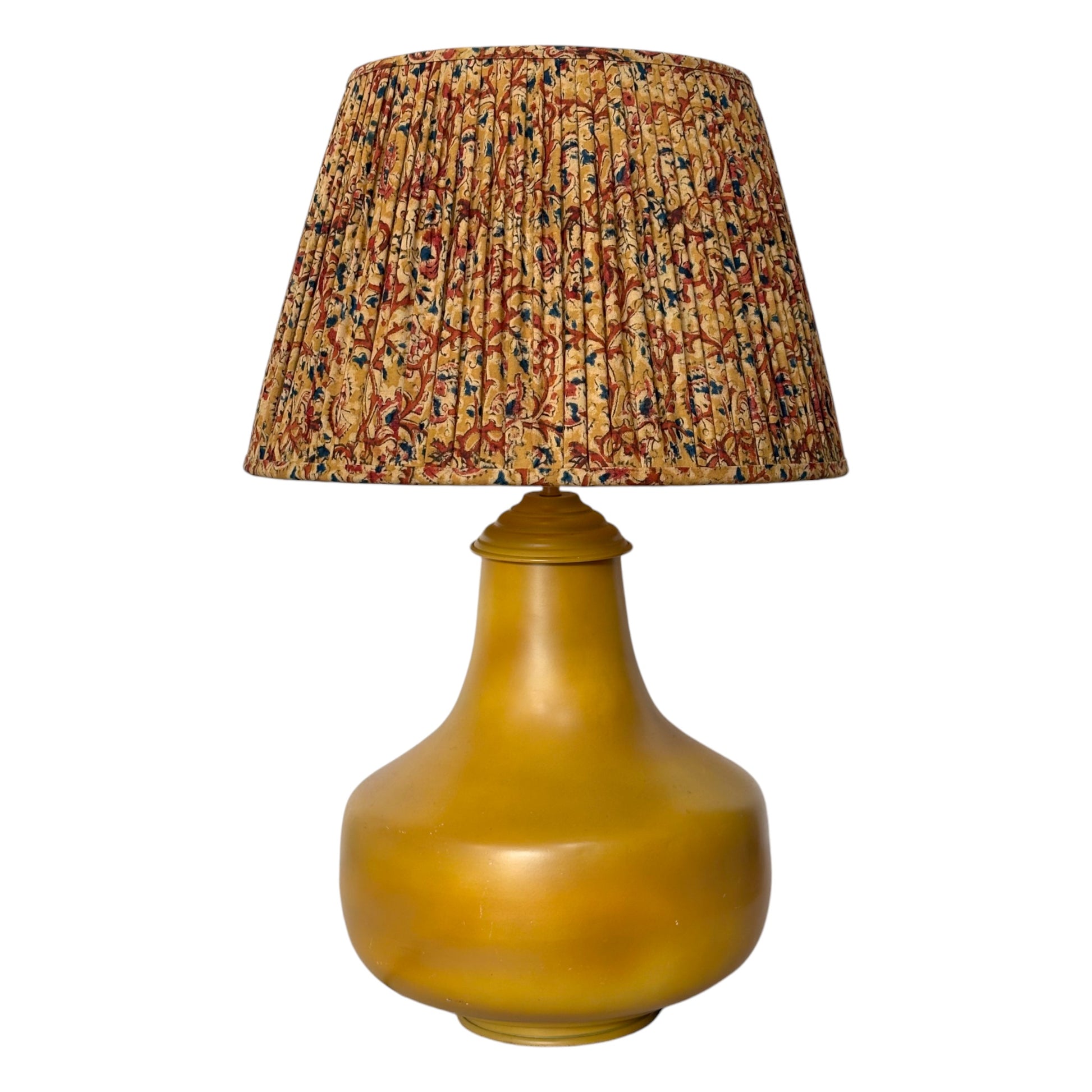 yellow and red kalamkari lampshade with priyanka lamp