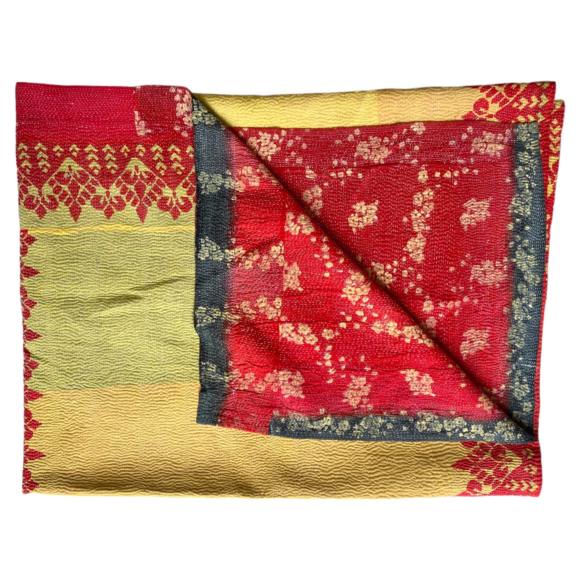 Yellow and red kantha quilt
