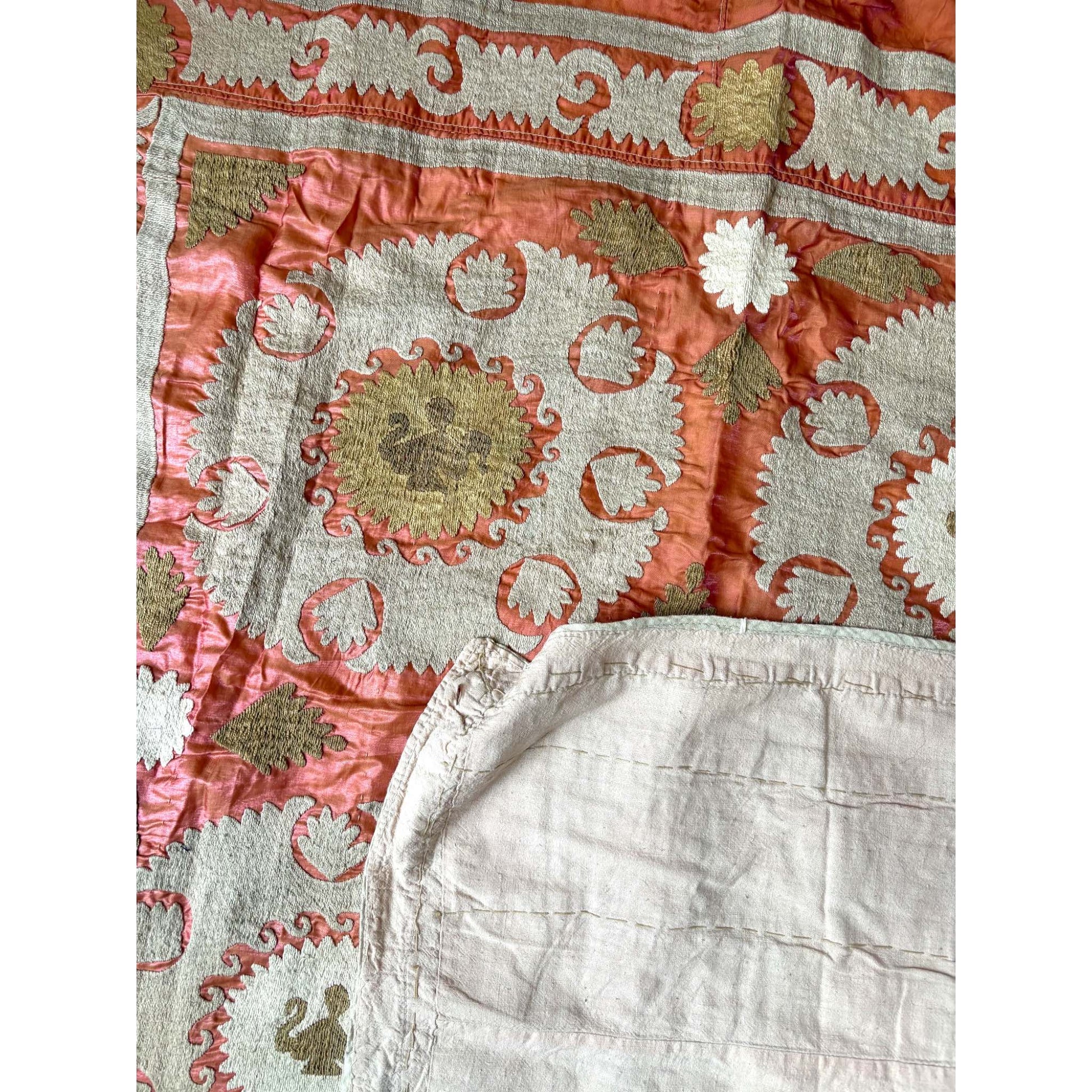 Embroidered fabric with intricate patterns showing the reverse too