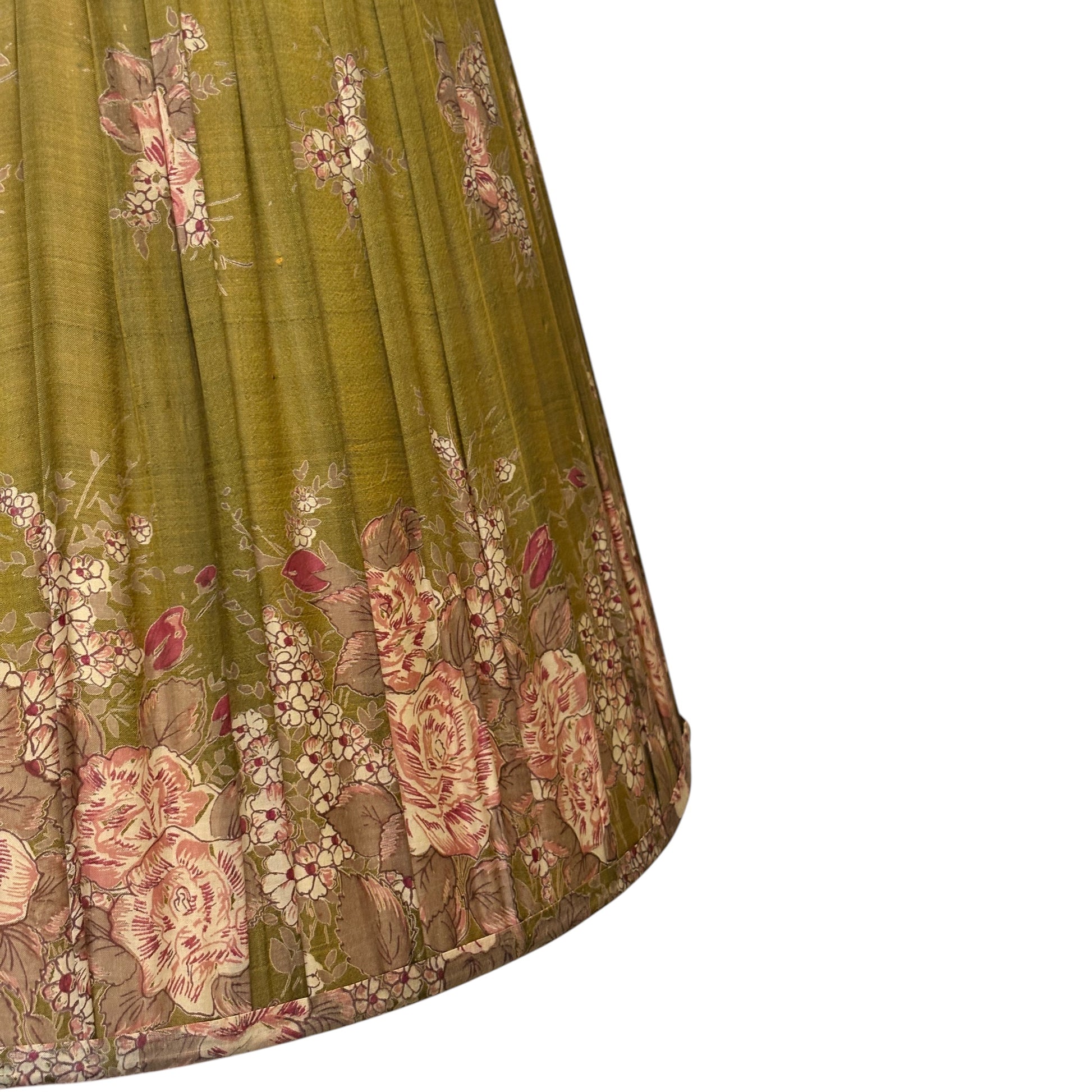 close up of olive and pink floral vintage silk sari lampshade