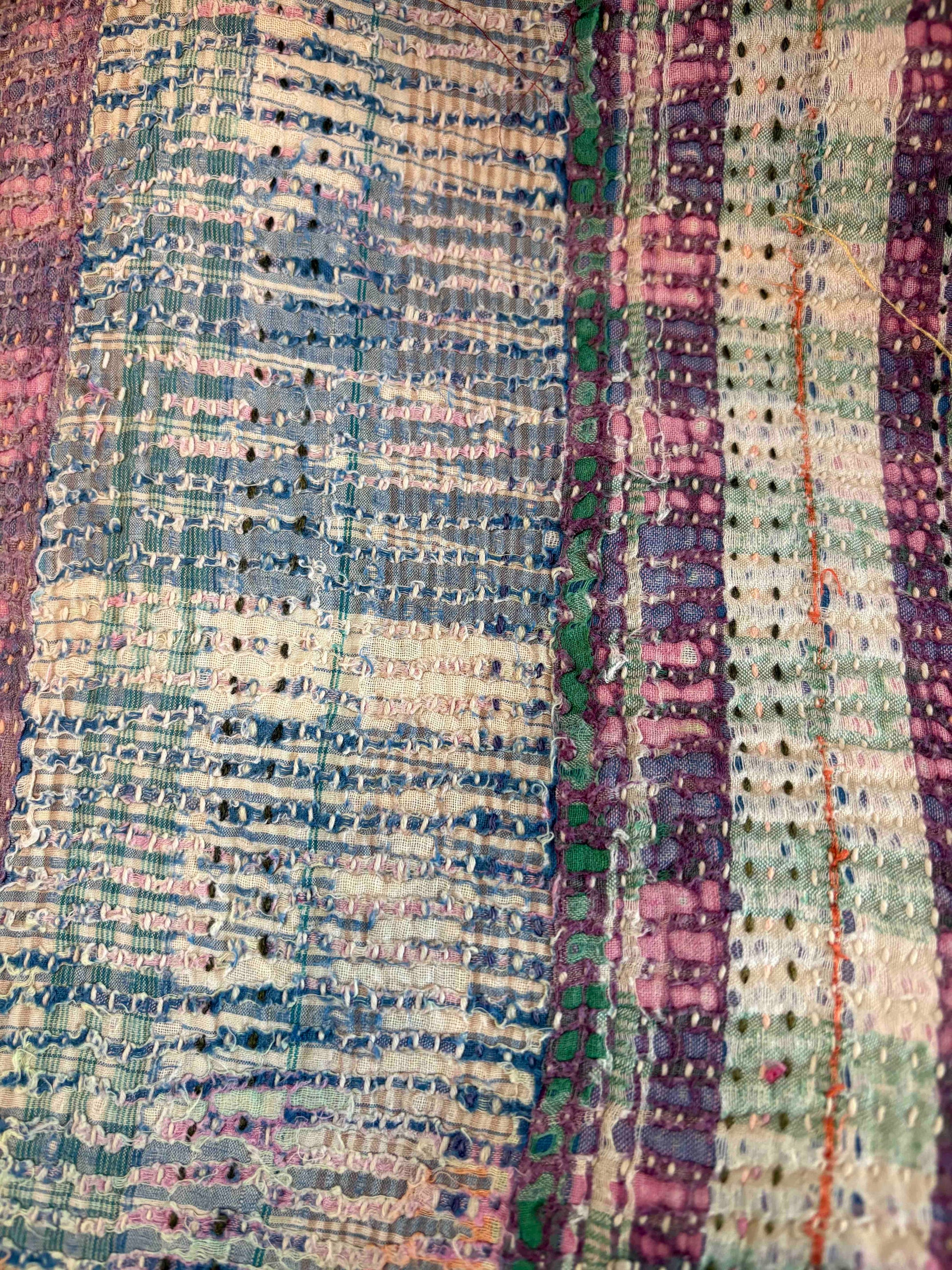 blues patchwork kantha close up