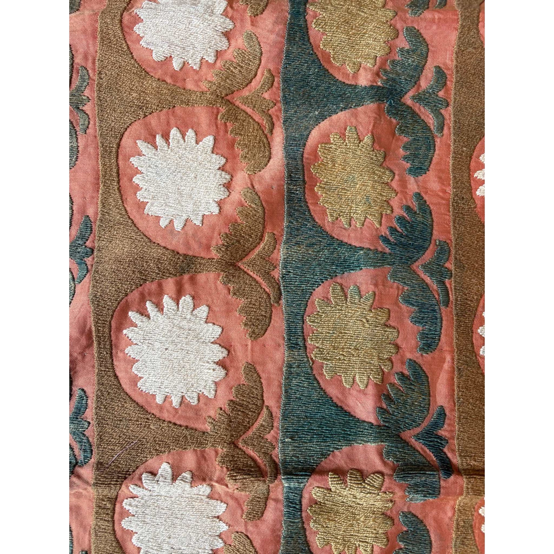 Decorative fabric with floral patterns in red, gold, and green