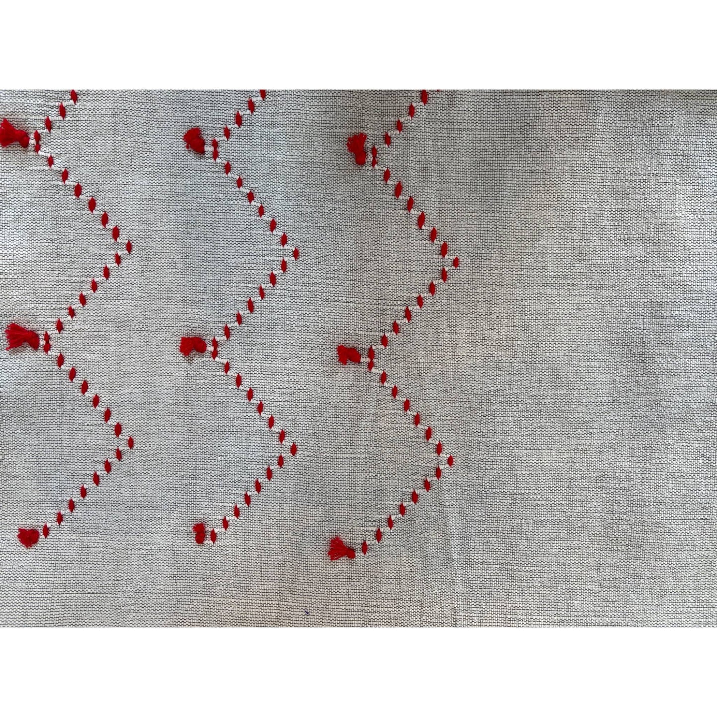 close up grey with red moroccan bedspread
