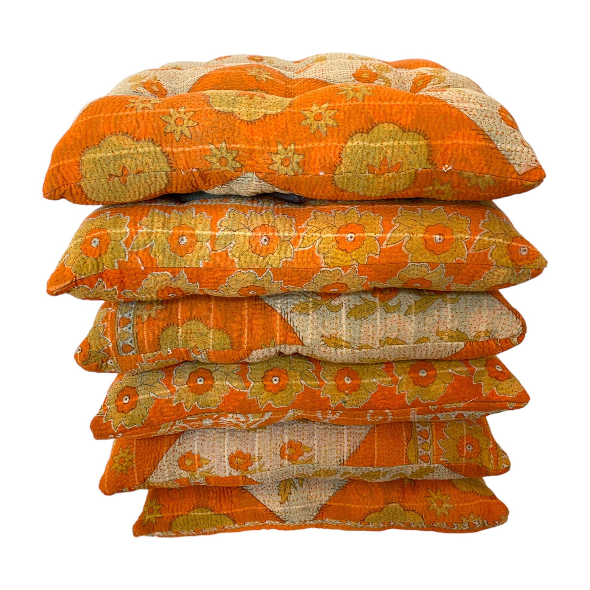 set of orange kantha seat pads