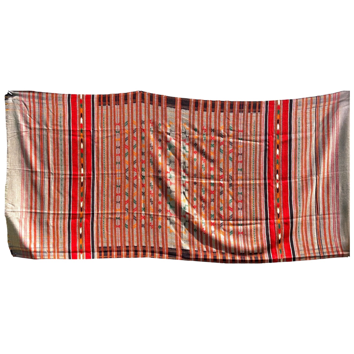 A rectangular woven textile with vertical striped patterns in red, orange, beige, and black, featuring geometric motifs in the center, laid flat against a white background.