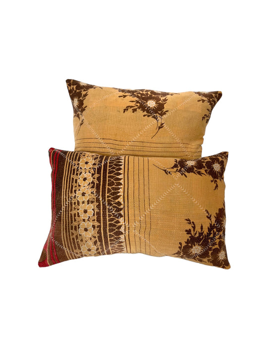 Coral and brown kantha cushions
