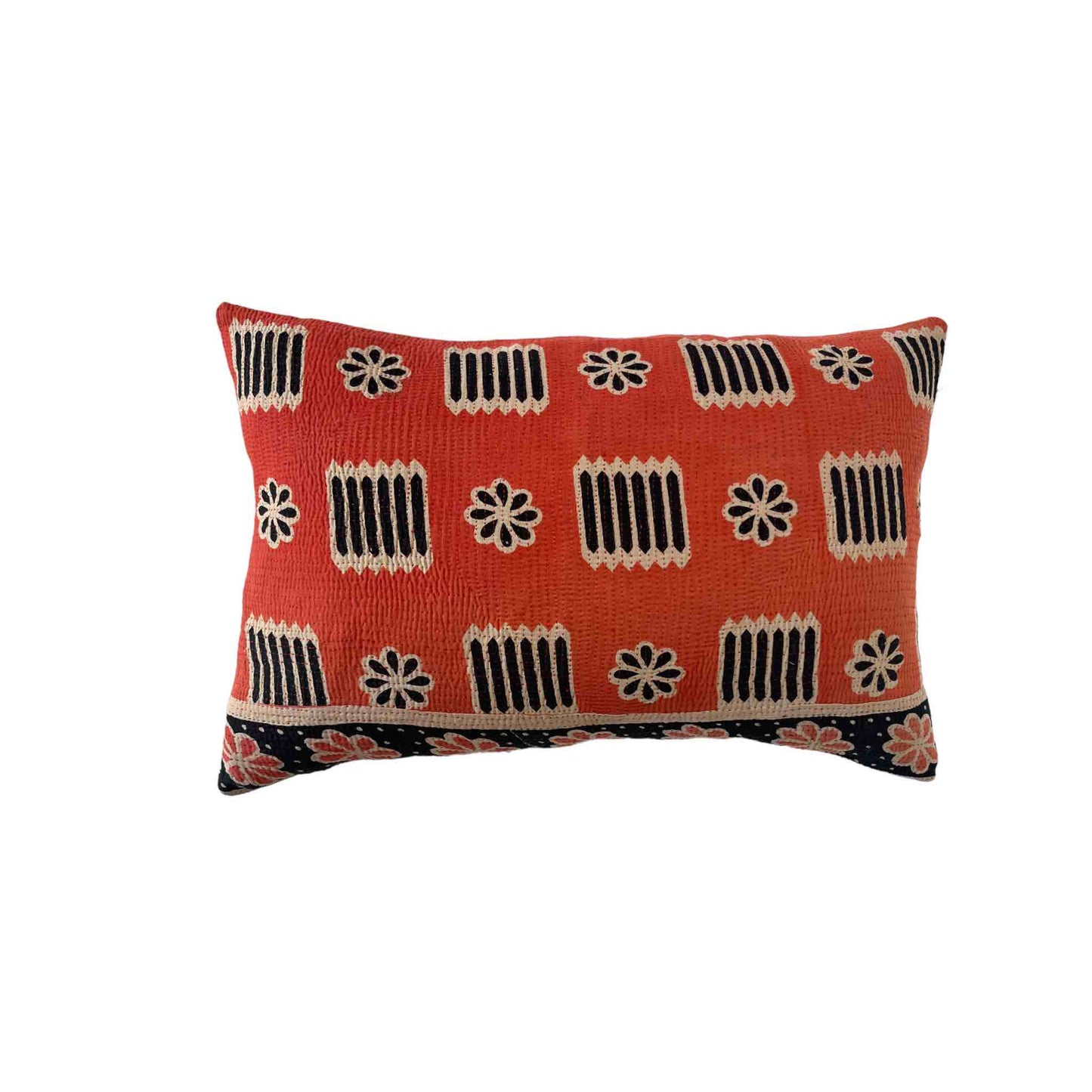 Coral and navy kantha cushion