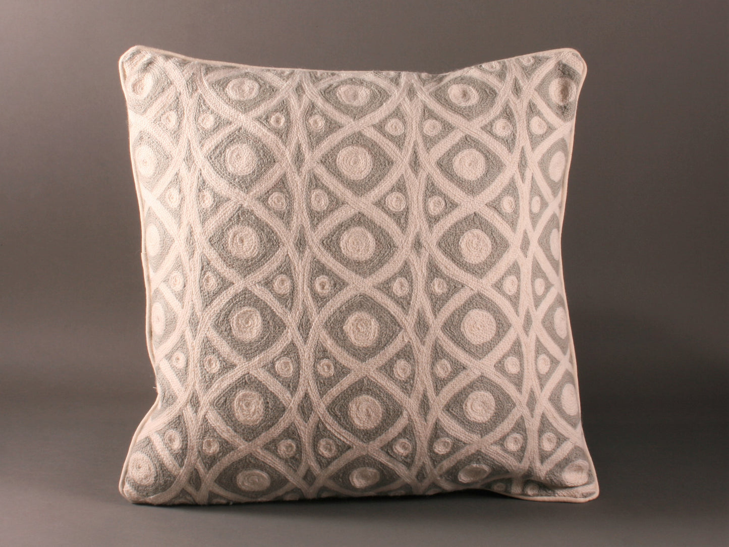 Grey And White Kashmiri Crewel Cushion