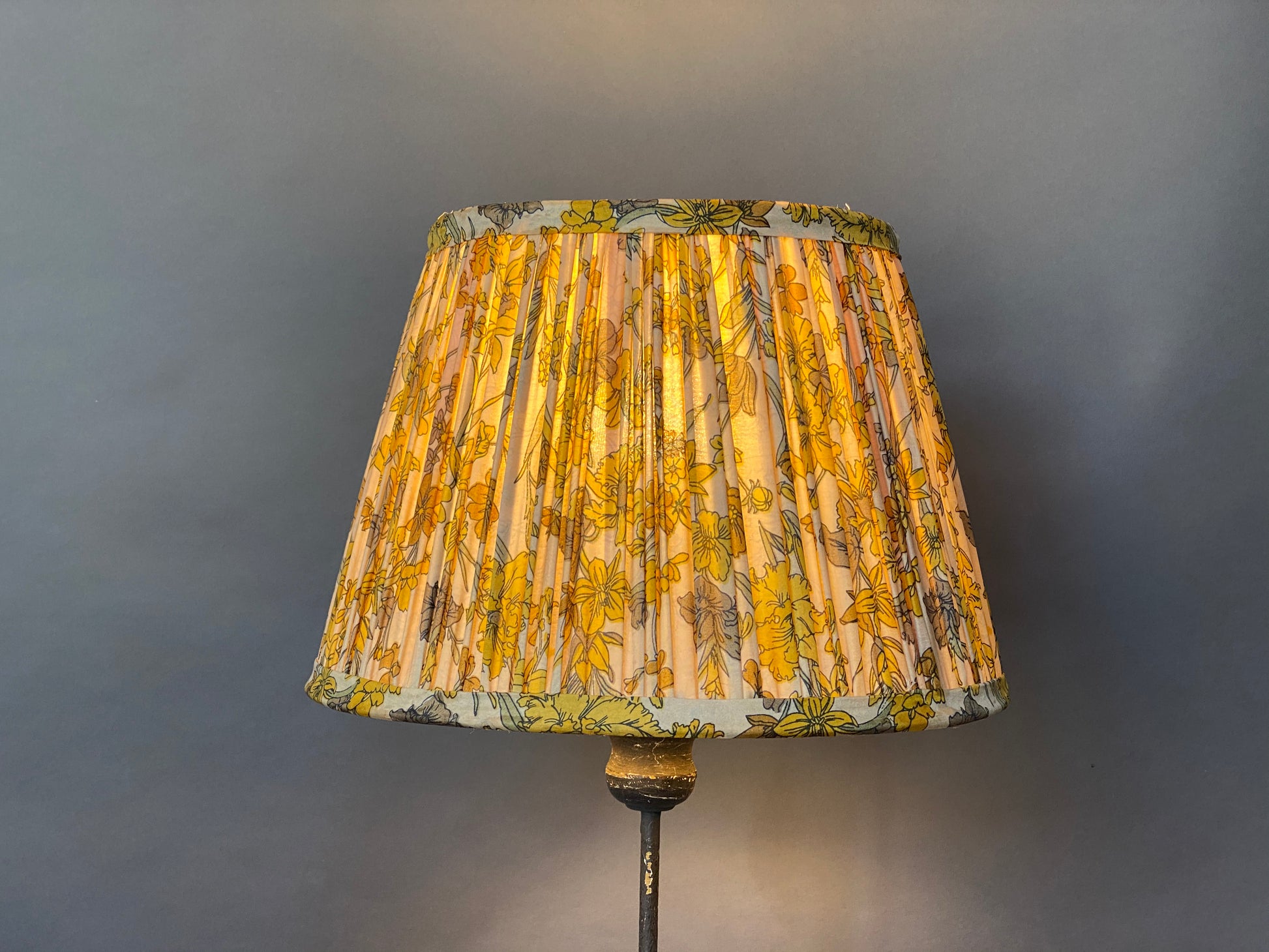 Yellow and grey floral silk Lampshade shown lit