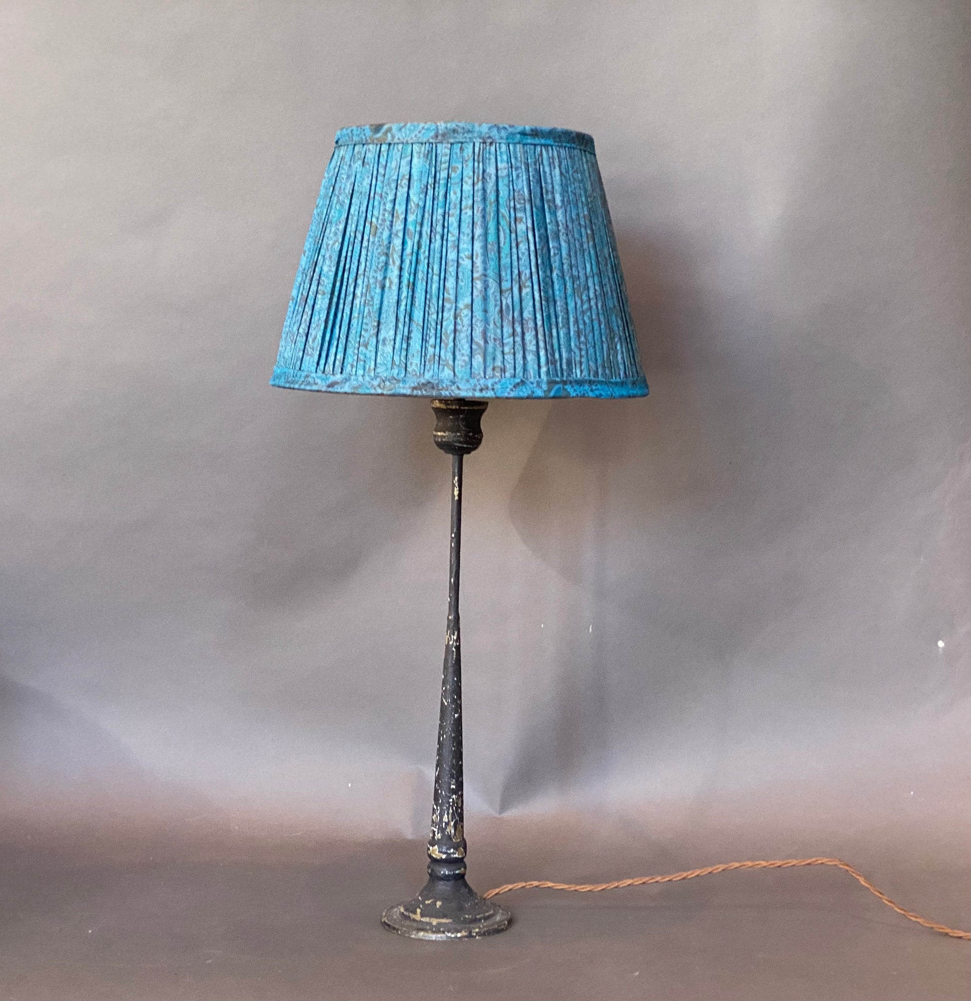 Malachite paisley Silk Lampshade on a candlestick lamp base