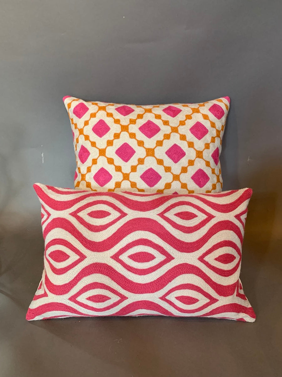 Pair of pink kashmiri crewel cushions