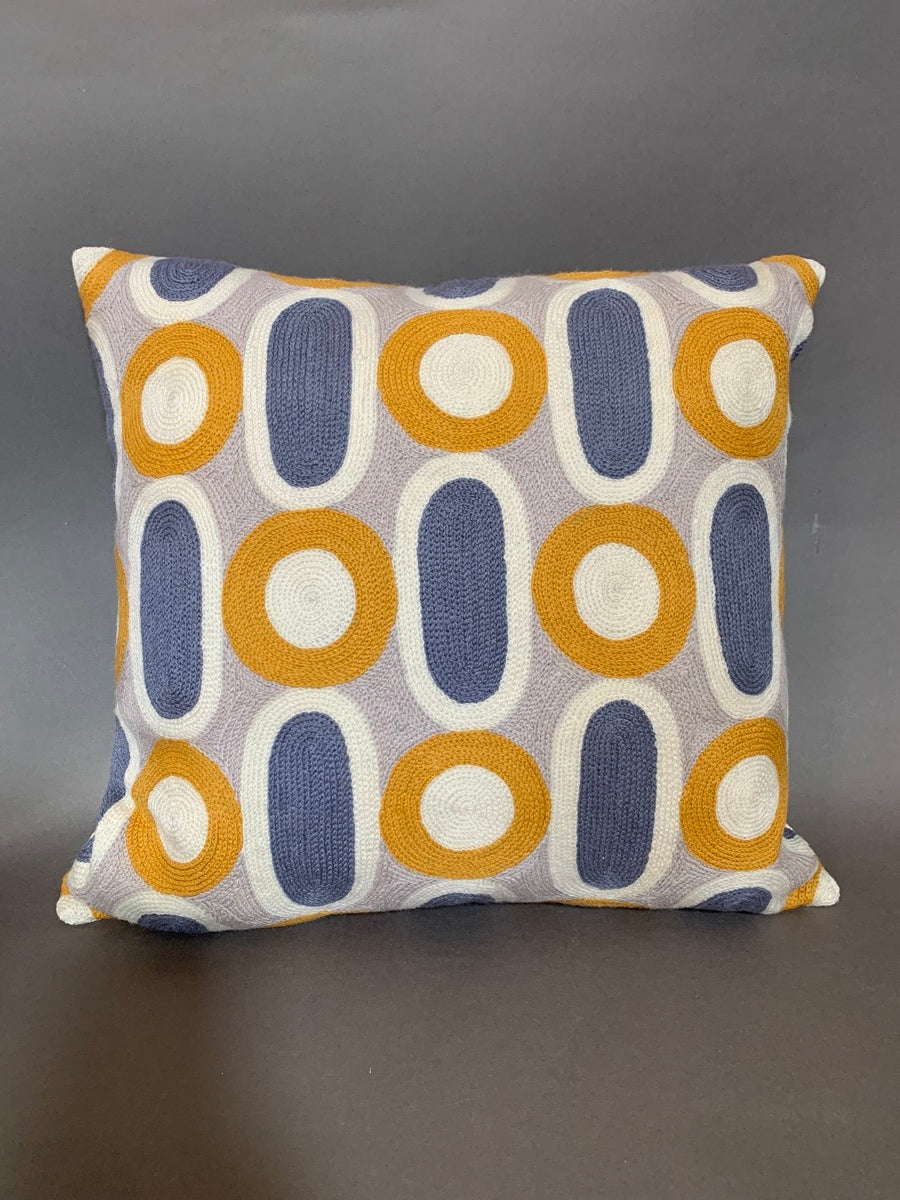 Blue and ochre Kashmiri crewel cushion