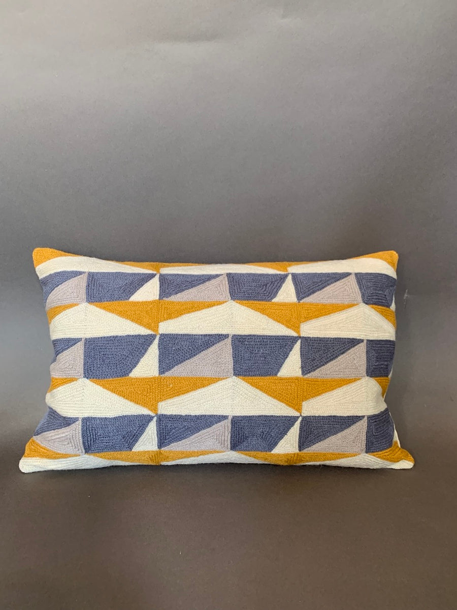 blue and ochre kashmiri crewel cushion