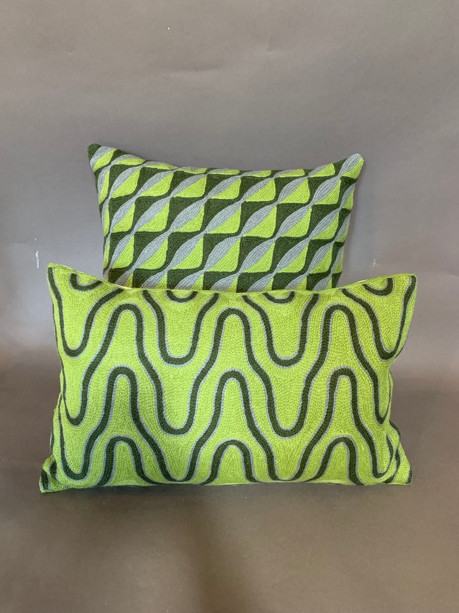 Green and blue kashmiri crewel cushion pair